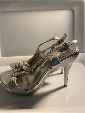 Michaelangelo Silver and Beige Rhinestone T-Strap Heels